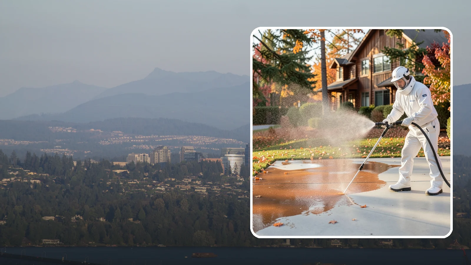 Fertilizer Stain Removal in Medina, King County, WA - Rust-toned fertilizer stain removal that clears the orange and brown marks fertilizer leaves on concrete and siding.