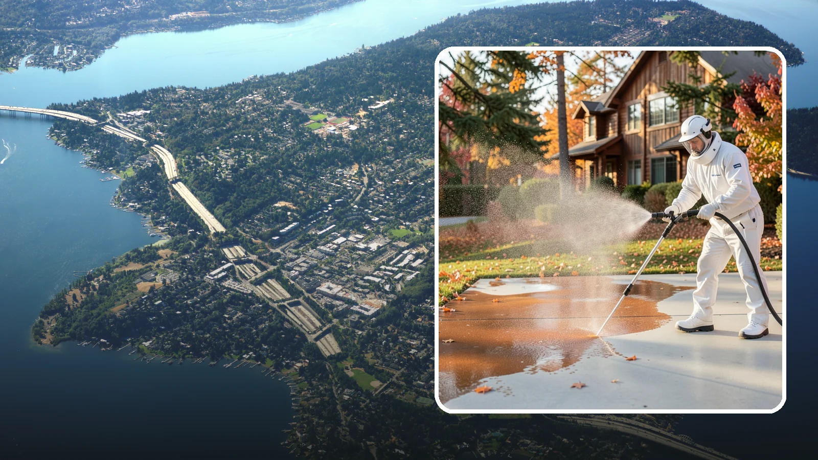 Fertilizer Stain Removal in Mercer Island, King County, WA - Rust-toned fertilizer stain removal that clears the orange and brown marks fertilizer leaves on concrete and siding.