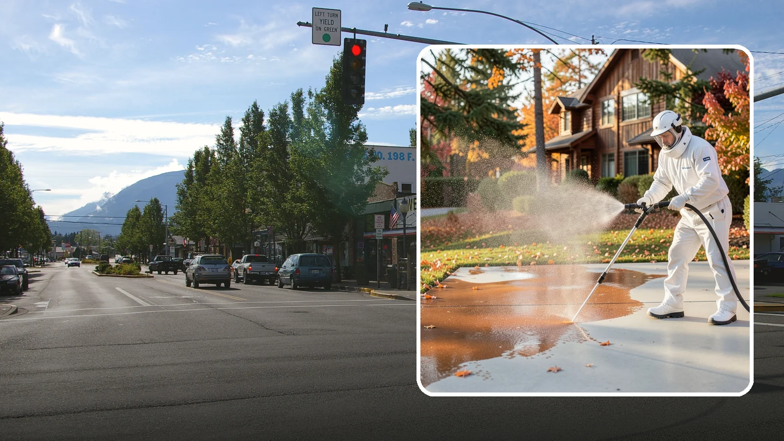 Fertilizer Stain Removal in North Bend, King County, WA - Rust-toned fertilizer stain removal that clears the orange and brown marks fertilizer leaves on concrete and siding.