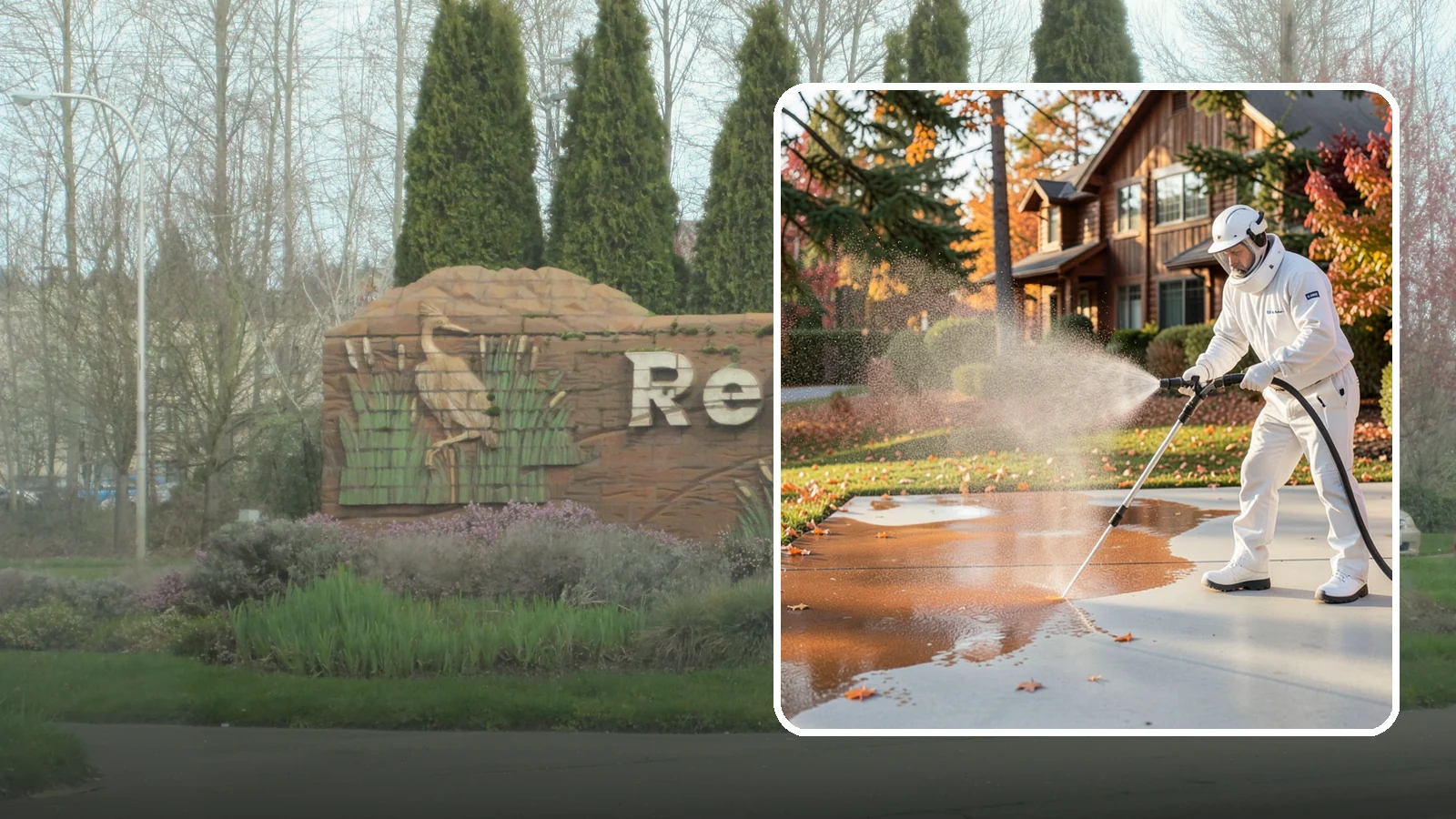 Fertilizer Stain Removal in Renton, King County, WA - Rust-toned fertilizer stain removal that clears the orange and brown marks fertilizer leaves on concrete and siding.