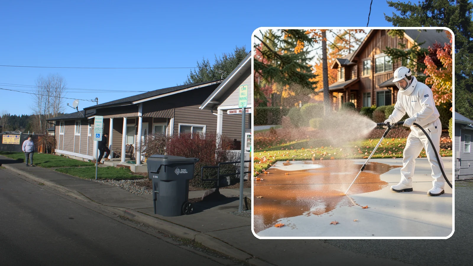 Fertilizer Stain Removal in South Prairie, Pierce County, WA - Rust-toned fertilizer stain removal that clears the orange and brown marks fertilizer leaves on concrete and siding.