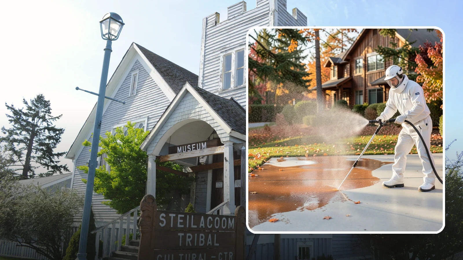 Fertilizer Stain Removal in Steilacoom, Pierce County, WA - Rust-toned fertilizer stain removal that clears the orange and brown marks fertilizer leaves on concrete and siding.