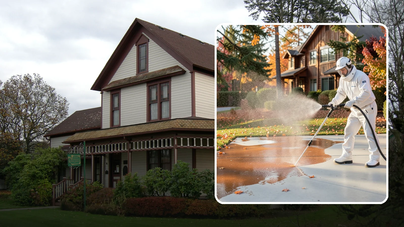 Fertilizer Stain Removal in Sumner, Pierce County, WA - Rust-toned fertilizer stain removal that clears the orange and brown marks fertilizer leaves on concrete and siding.
