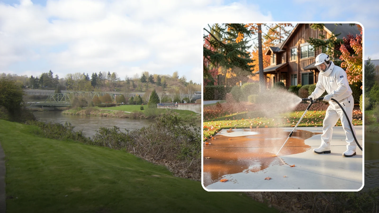 Fertilizer Stain Removal in Tukwila, King County, WA - Rust-toned fertilizer stain removal that clears the orange and brown marks fertilizer leaves on concrete and siding.