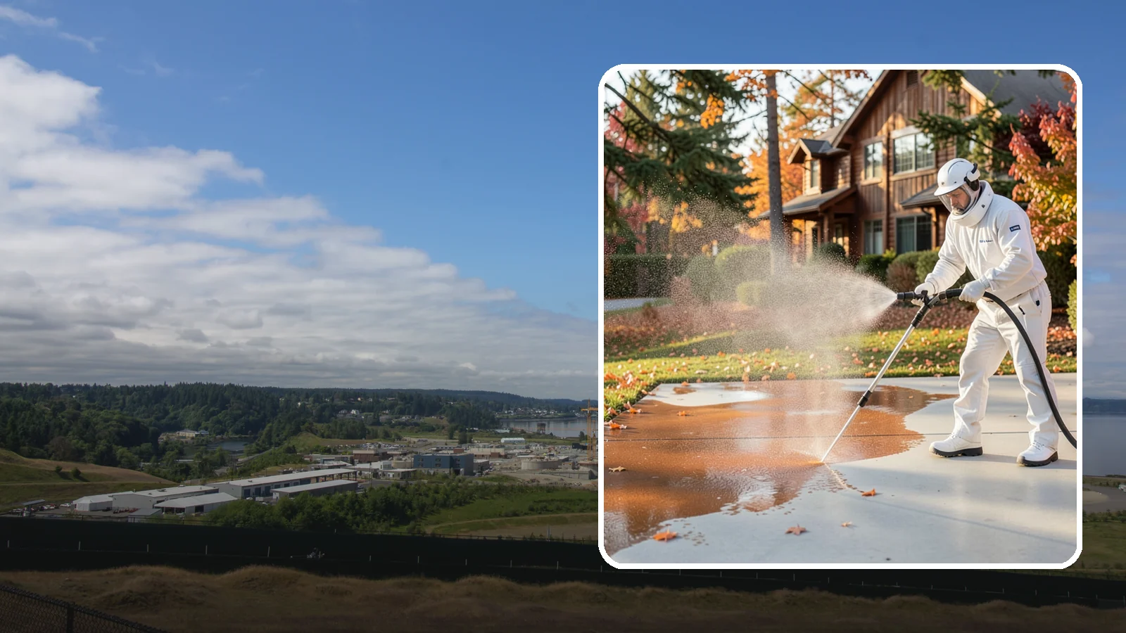 Fertilizer Stain Removal in University Place, Pierce County, WA - Rust-toned fertilizer stain removal that clears the orange and brown marks fertilizer leaves on concrete and siding.