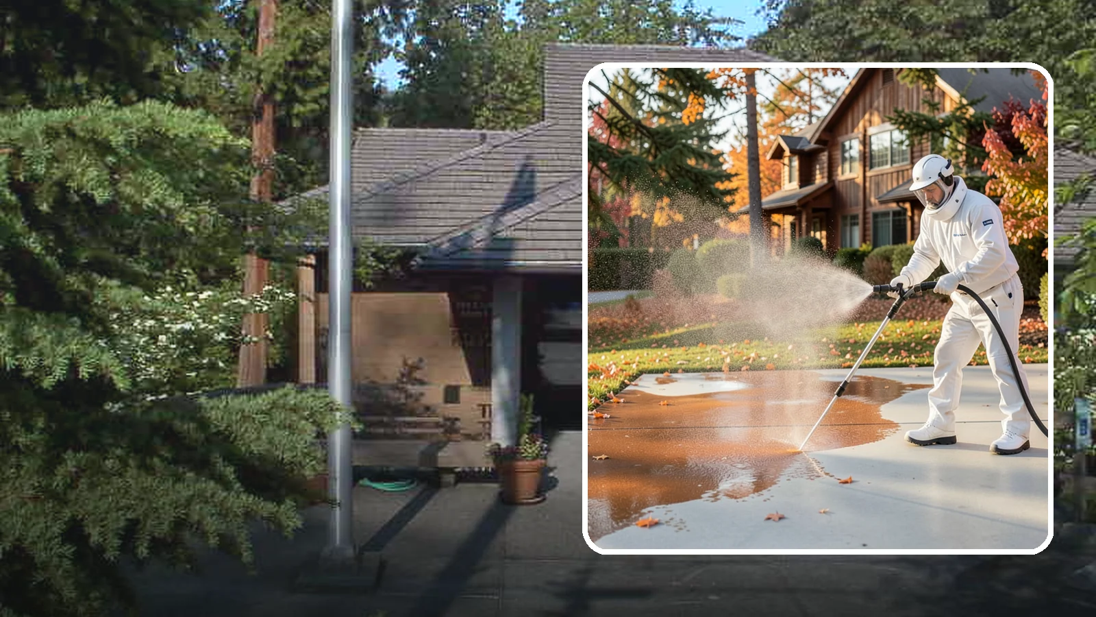 Fertilizer Stain Removal in Yarrow Point, King County, WA - Rust-toned fertilizer stain removal that clears the orange and brown marks fertilizer leaves on concrete and siding.