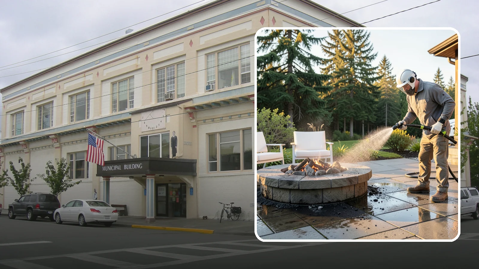 Fire Pit Cleaning in Anacortes, Skagit County, WA - Clean fire pit surrounds and seating areas to remove soot, ash staining, and moss from the paved perimeter.