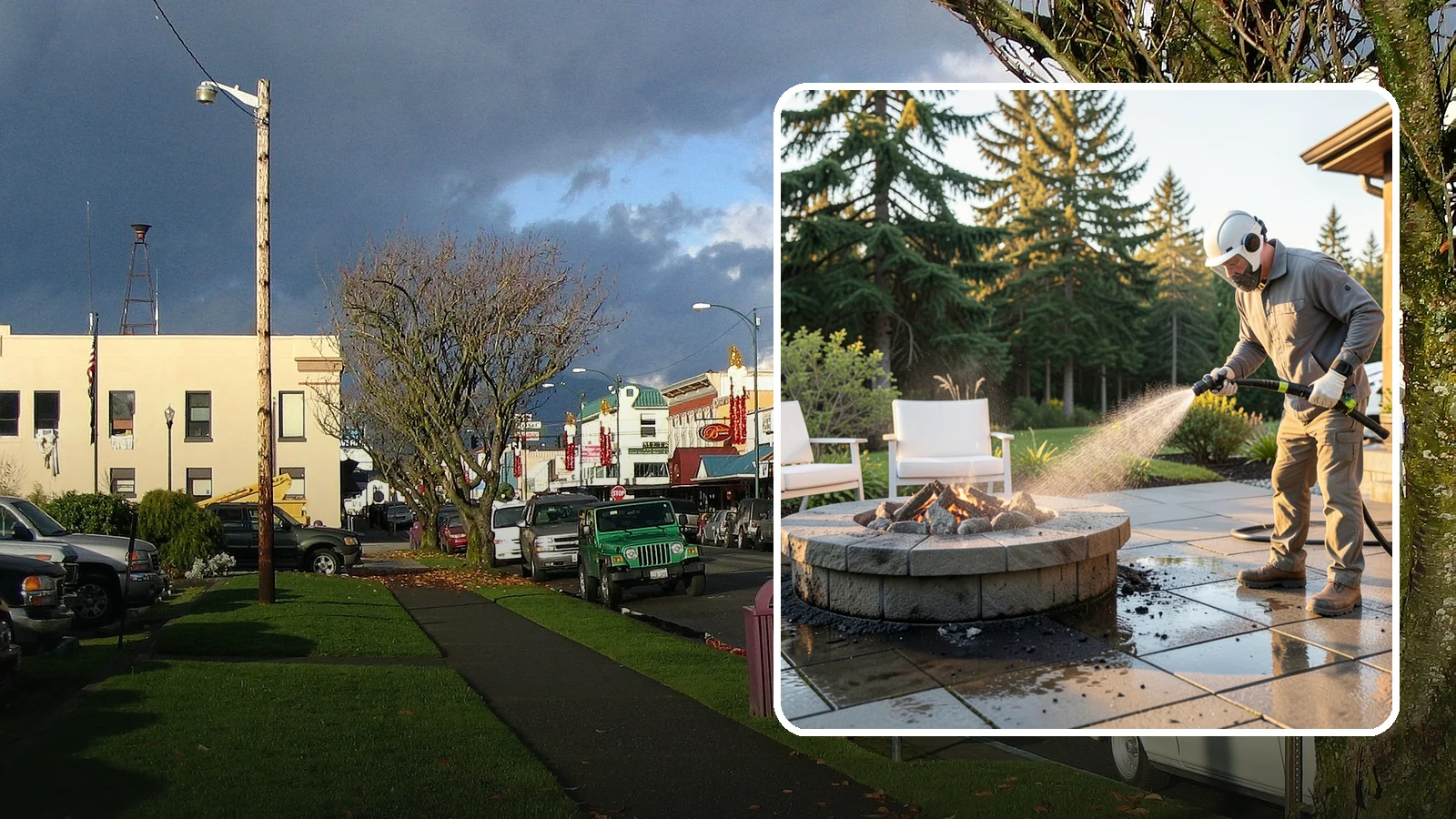 Fire Pit Cleaning in Arlington, Snohomish County, WA - Clean fire pit surrounds and seating areas to remove soot, ash staining, and moss from the paved perimeter.