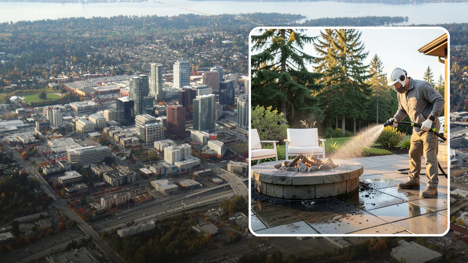 Fire Pit Cleaning in Bellevue, King County, WA - Clean fire pit surrounds and seating areas to remove soot, ash staining, and moss from the paved perimeter.