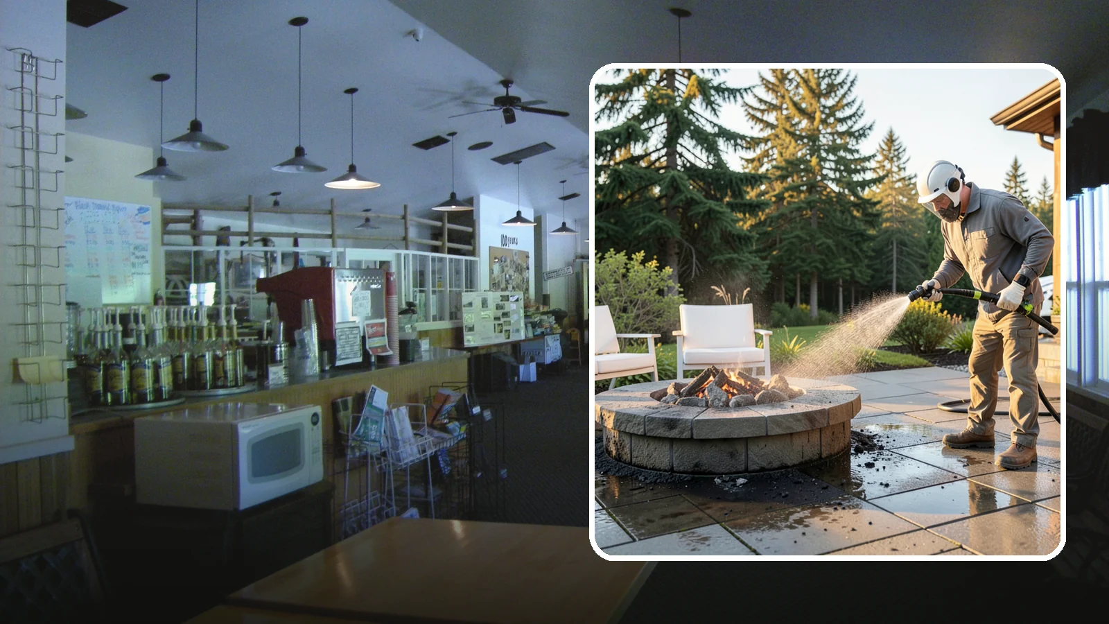 Fire Pit Cleaning in Black Diamond, King County, WA - Clean fire pit surrounds and seating areas to remove soot, ash staining, and moss from the paved perimeter.