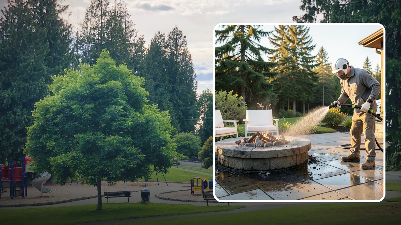 Fire Pit Cleaning in Bonney Lake, Pierce County, WA - Clean fire pit surrounds and seating areas to remove soot, ash staining, and moss from the paved perimeter.