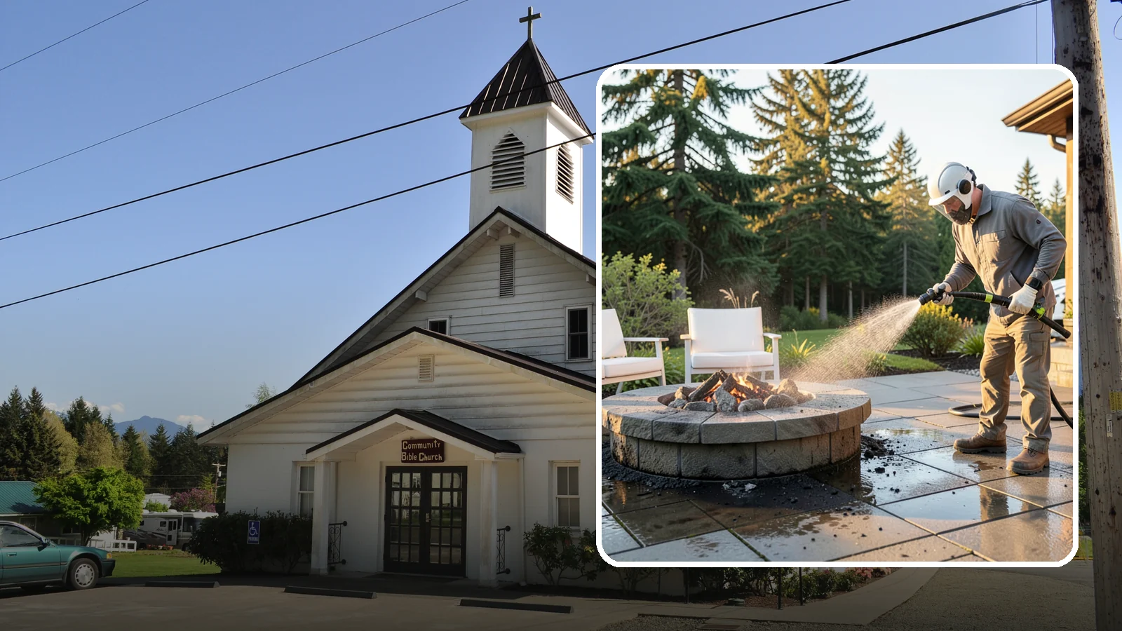 Fire Pit Cleaning in Concrete, Skagit County, WA - Clean fire pit surrounds and seating areas to remove soot, ash staining, and moss from the paved perimeter.