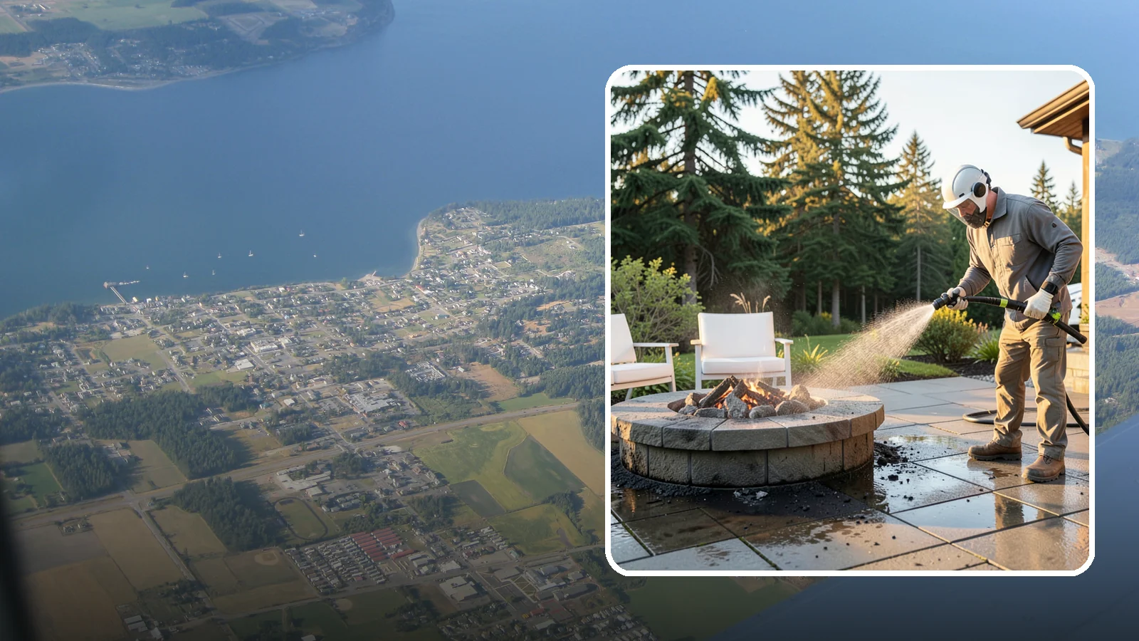 Fire Pit Cleaning in Coupeville, Island County, WA - Clean fire pit surrounds and seating areas to remove soot, ash staining, and moss from the paved perimeter.