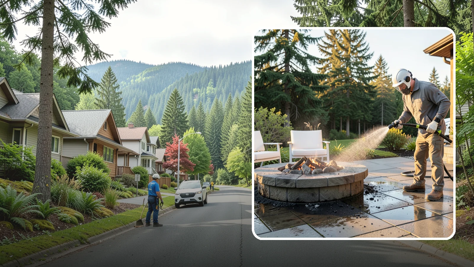 Fire Pit Cleaning in Darrington, Snohomish County, WA - Clean fire pit surrounds and seating areas to remove soot, ash staining, and moss from the paved perimeter.