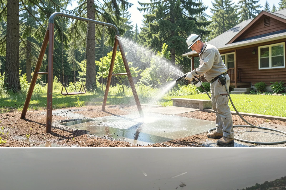 Fire Pit Cleaning in Des Moines, King County, WA - Late spring gets the fire pit and its surround clean ahead of the summer evenings when it sees the most use.