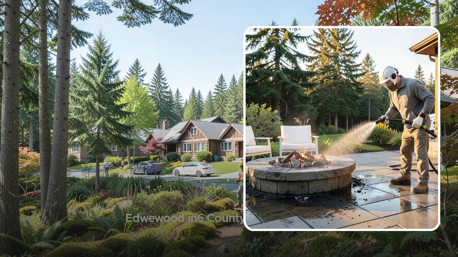 Fire Pit Cleaning in Edgewood, Pierce County, WA - Clean fire pit surrounds and seating areas to remove soot, ash staining, and moss from the paved perimeter.