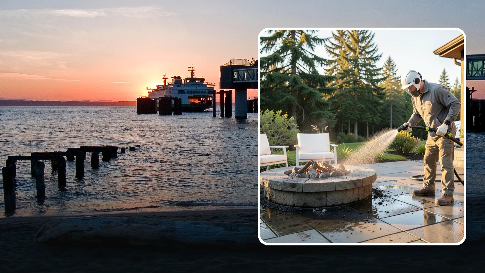 Fire Pit Cleaning in Edmonds, Snohomish County, WA - Clean fire pit surrounds and seating areas to remove soot, ash staining, and moss from the paved perimeter.