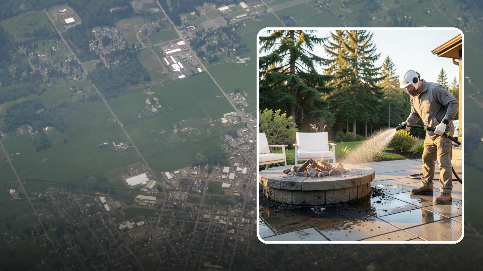Fire Pit Cleaning in Enumclaw, King County, WA - Clean fire pit surrounds and seating areas to remove soot, ash staining, and moss from the paved perimeter.