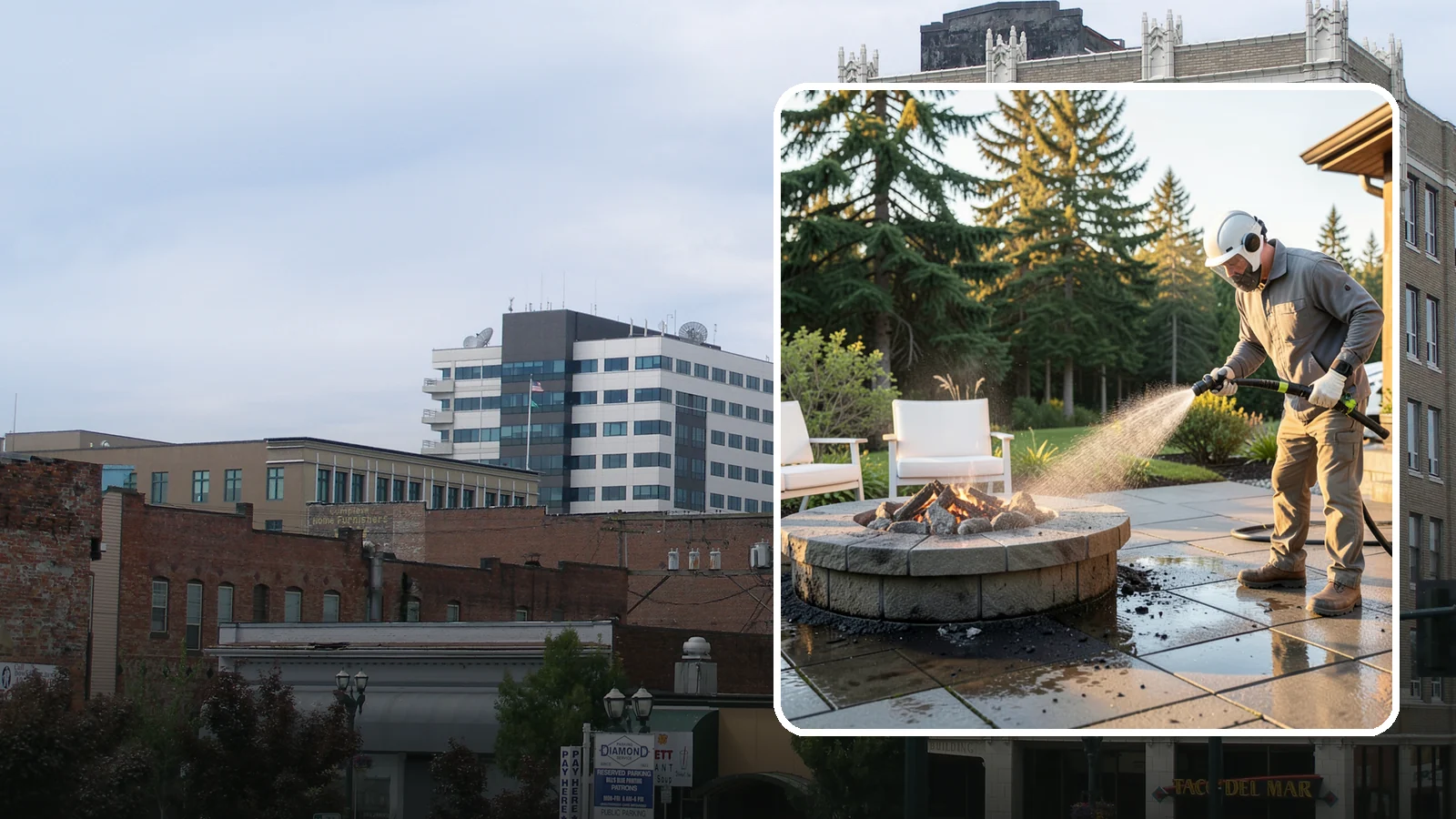 Fire Pit Cleaning in Everett, Snohomish County, WA - Clean fire pit surrounds and seating areas to remove soot, ash staining, and moss from the paved perimeter.