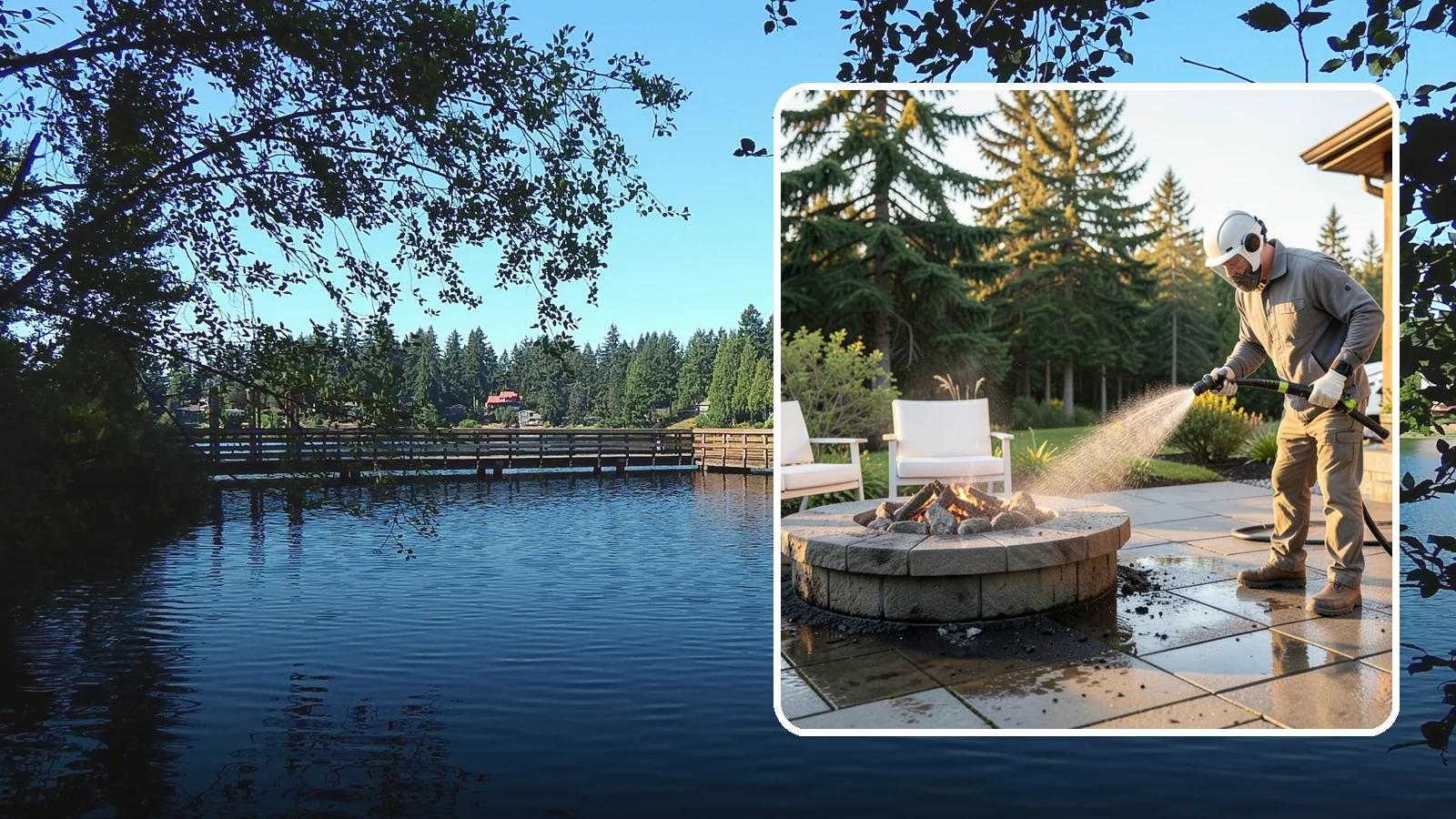 Fire Pit Cleaning in Federal Way, King County, WA - Clean fire pit surrounds and seating areas to remove soot, ash staining, and moss from the paved perimeter.