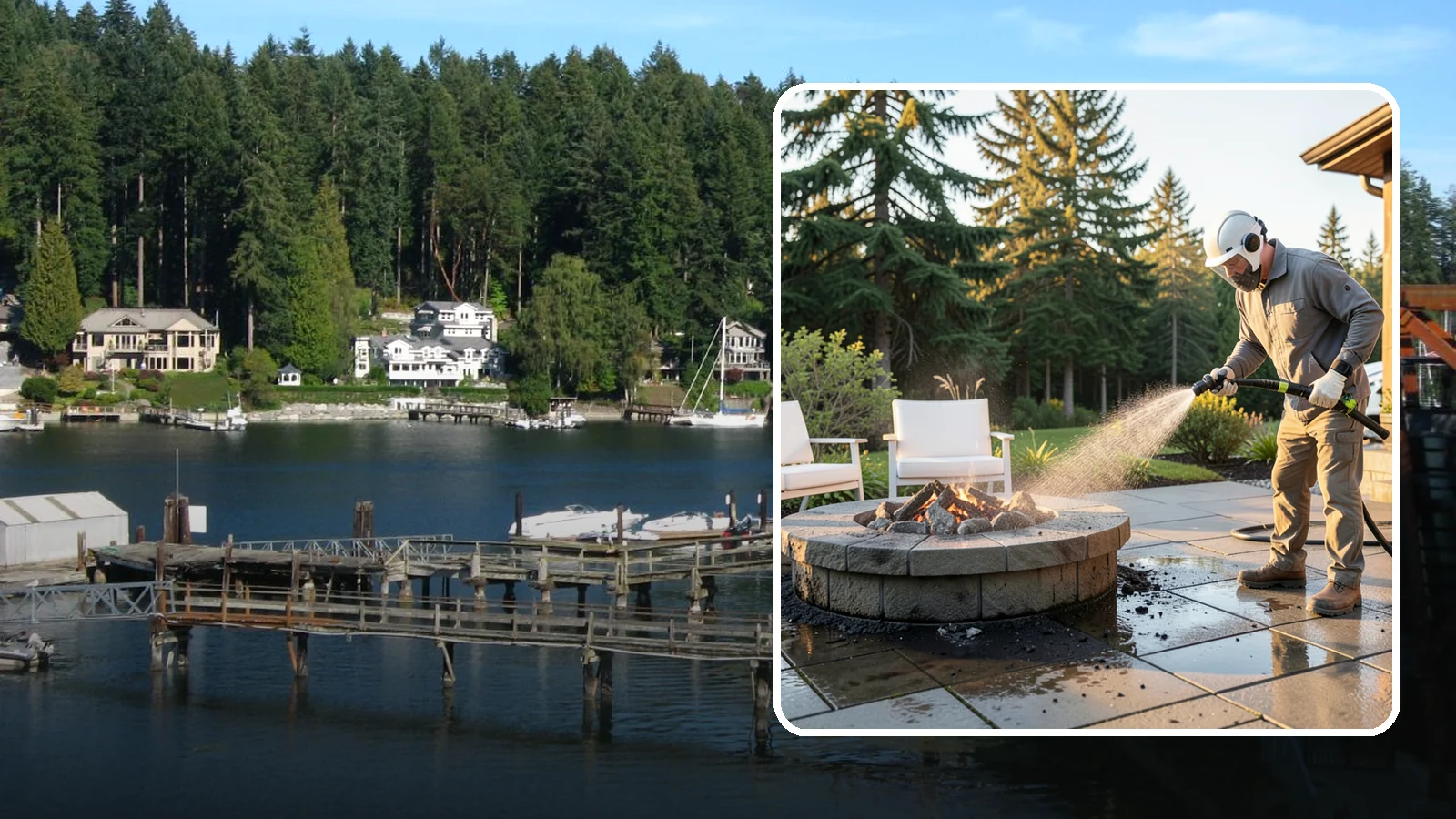 Fire Pit Cleaning in Gig Harbor, Pierce County, WA - Clean fire pit surrounds and seating areas to remove soot, ash staining, and moss from the paved perimeter.