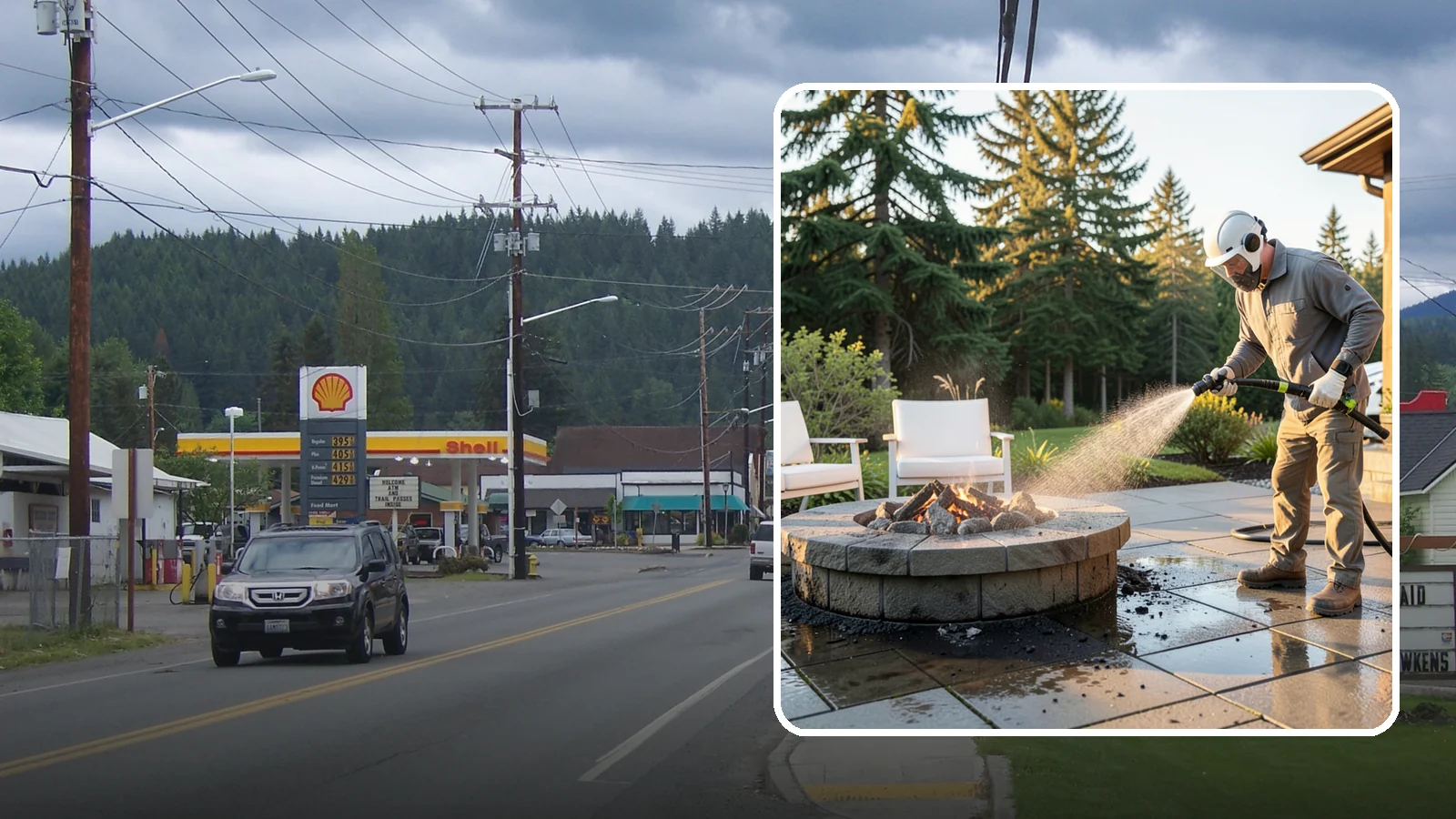Fire Pit Cleaning in Granite Falls, Snohomish County, WA - Clean fire pit surrounds and seating areas to remove soot, ash staining, and moss from the paved perimeter.