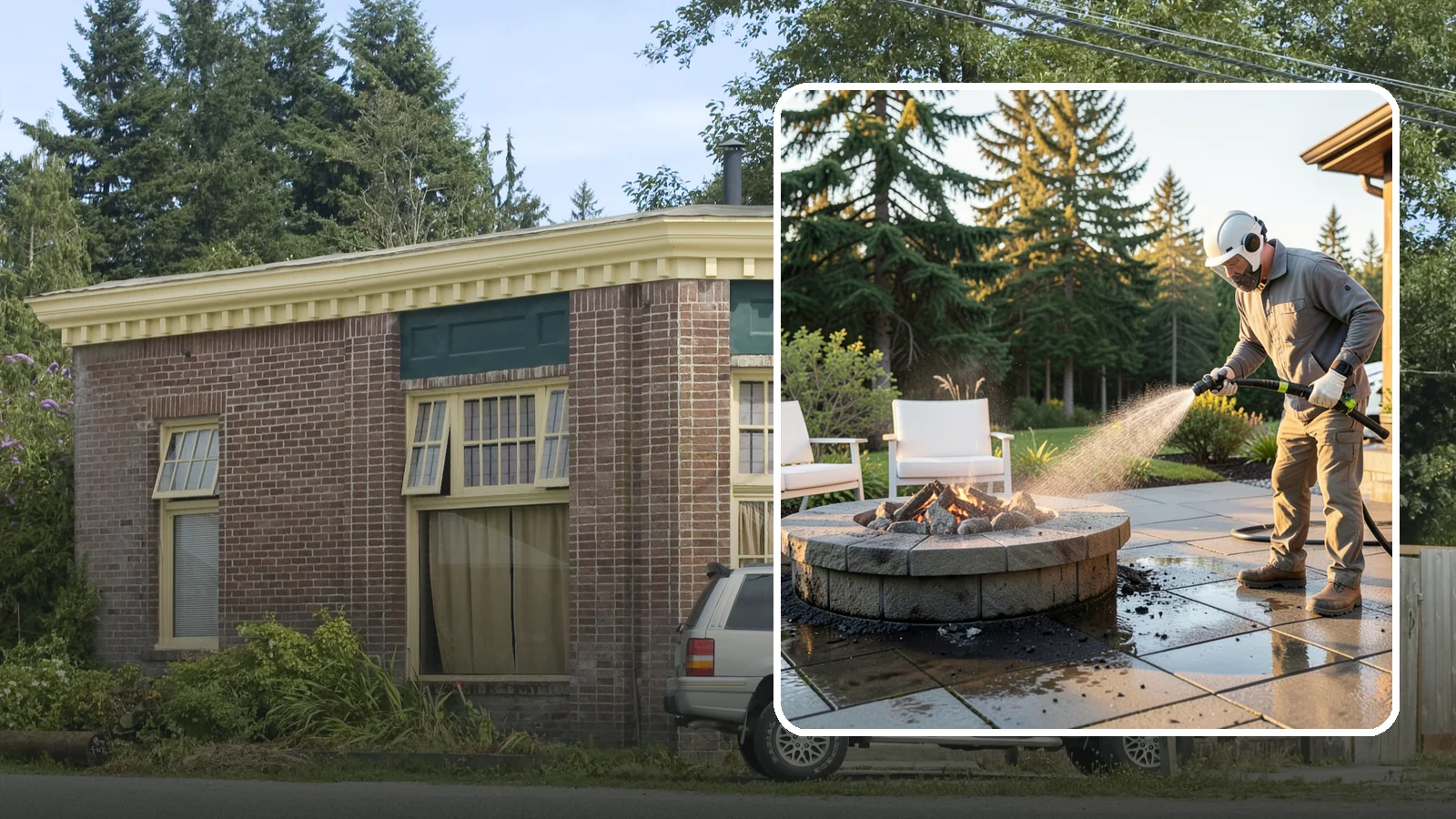 Fire Pit Cleaning in Hamilton, Skagit County, WA - Clean fire pit surrounds and seating areas to remove soot, ash staining, and moss from the paved perimeter.