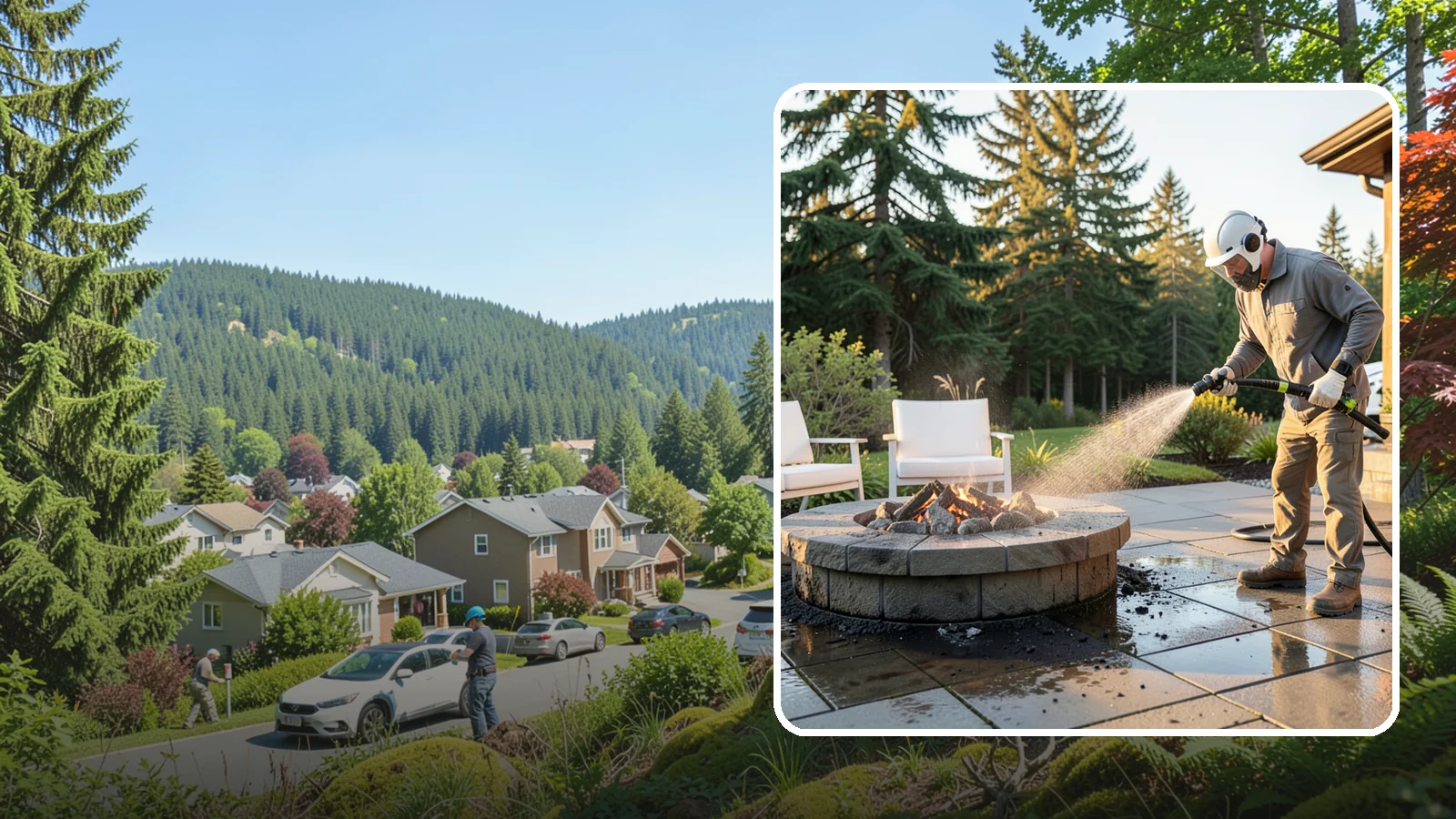 Fire Pit Cleaning in Index, Snohomish County, WA - Clean fire pit surrounds and seating areas to remove soot, ash staining, and moss from the paved perimeter.