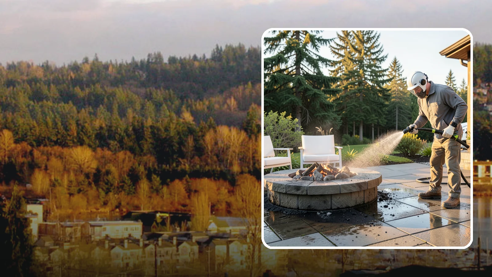 Fire Pit Cleaning in Kenmore, King County, WA - Clean fire pit surrounds and seating areas to remove soot, ash staining, and moss from the paved perimeter.