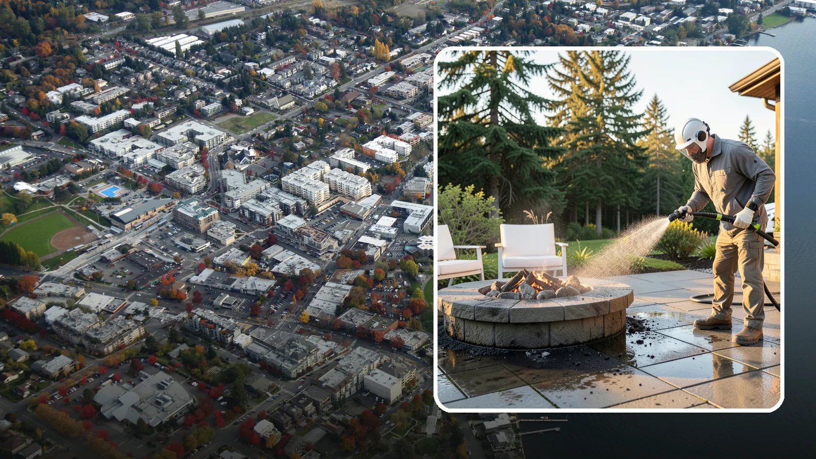 Fire Pit Cleaning in Kirkland, King County, WA - Clean fire pit surrounds and seating areas to remove soot, ash staining, and moss from the paved perimeter.
