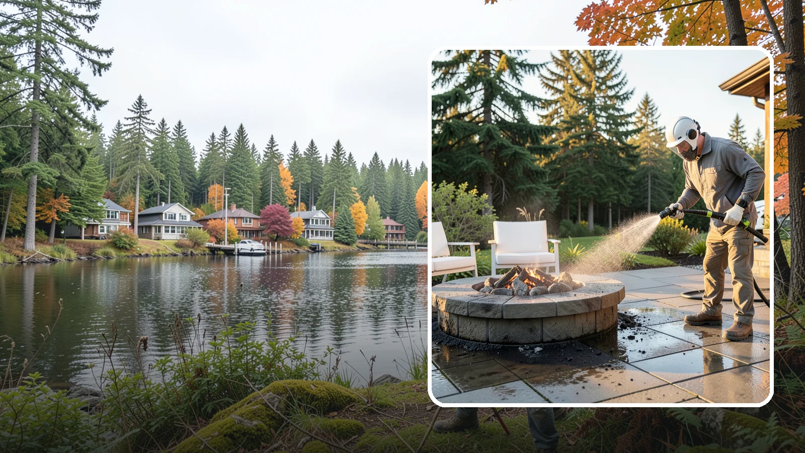 Fire Pit Cleaning in La Conner, Skagit County, WA - Clean fire pit surrounds and seating areas to remove soot, ash staining, and moss from the paved perimeter.