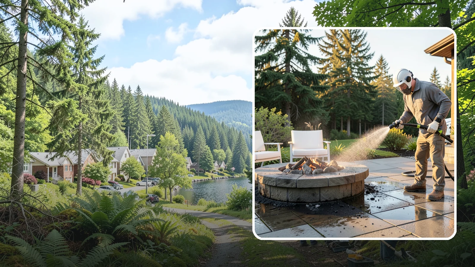 Fire Pit Cleaning in Lake Forest Park, King County, WA - Clean fire pit surrounds and seating areas to remove soot, ash staining, and moss from the paved perimeter.