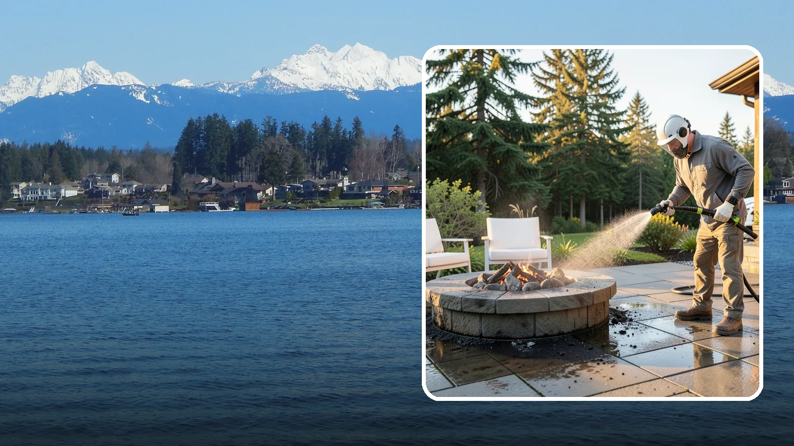 Fire Pit Cleaning in Lake Stevens, Snohomish County, WA - Clean fire pit surrounds and seating areas to remove soot, ash staining, and moss from the paved perimeter.