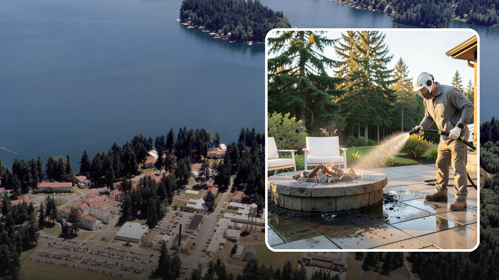 Fire Pit Cleaning in Lakewood, Pierce County, WA - Clean fire pit surrounds and seating areas to remove soot, ash staining, and moss from the paved perimeter.