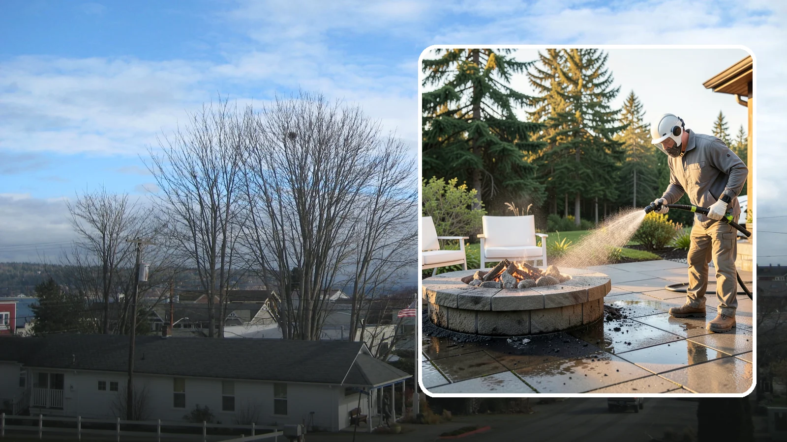 Fire Pit Cleaning in Langley, Island County, WA - Clean fire pit surrounds and seating areas to remove soot, ash staining, and moss from the paved perimeter.