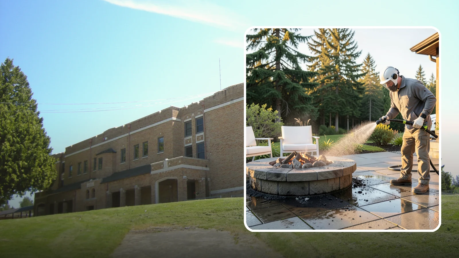 Fire Pit Cleaning in Maple Valley, King County, WA - Clean fire pit surrounds and seating areas to remove soot, ash staining, and moss from the paved perimeter.