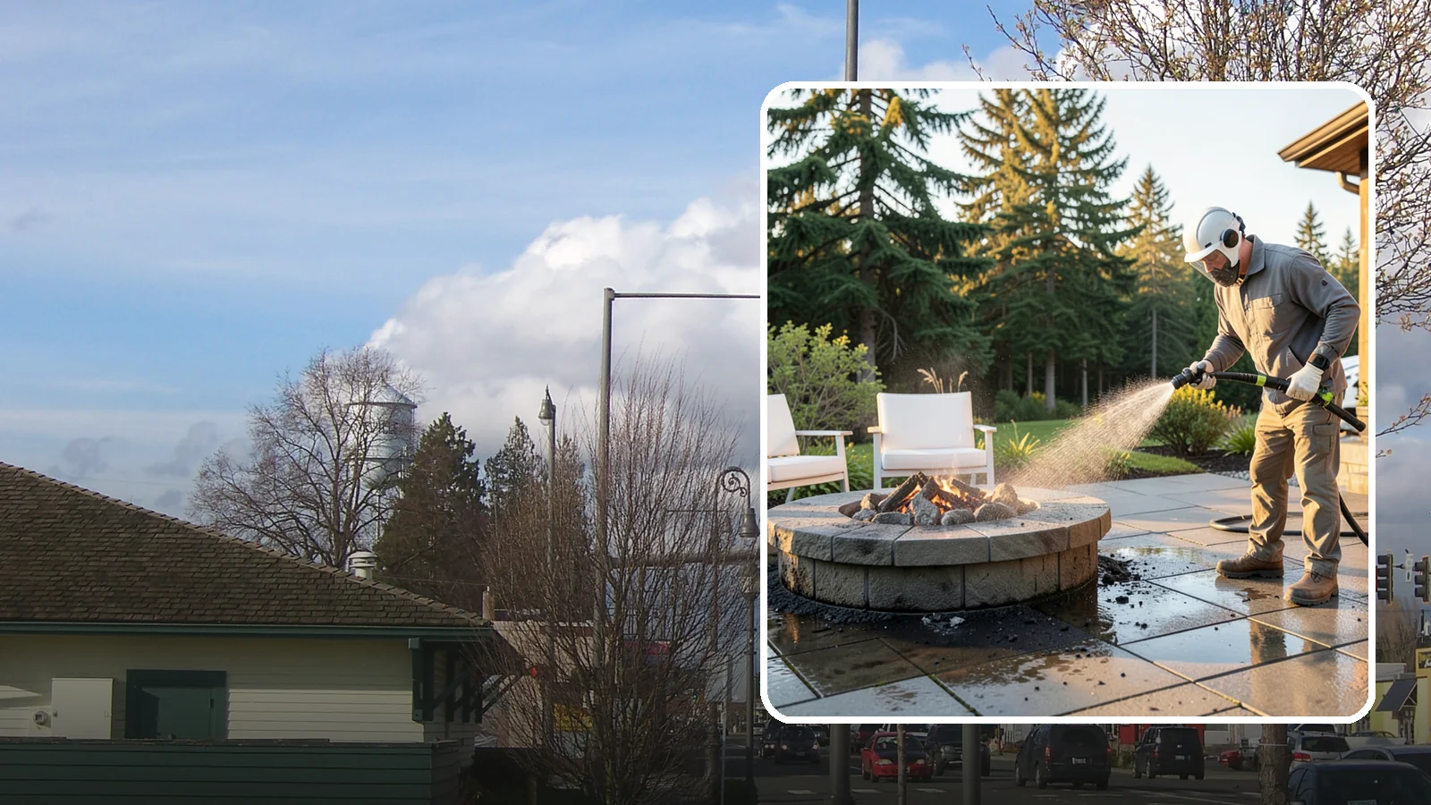 Fire Pit Cleaning in Marysville, Snohomish County, WA - Clean fire pit surrounds and seating areas to remove soot, ash staining, and moss from the paved perimeter.