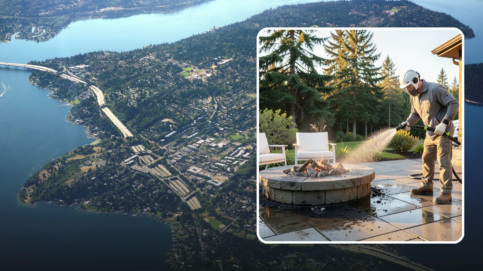 Fire Pit Cleaning in Mercer Island, King County, WA - Clean fire pit surrounds and seating areas to remove soot, ash staining, and moss from the paved perimeter.