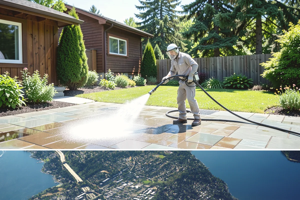 Fire Pit Cleaning in Mercer Island, King County, WA - Late spring gets the fire pit and its surround clean ahead of the summer evenings when it sees the most use.