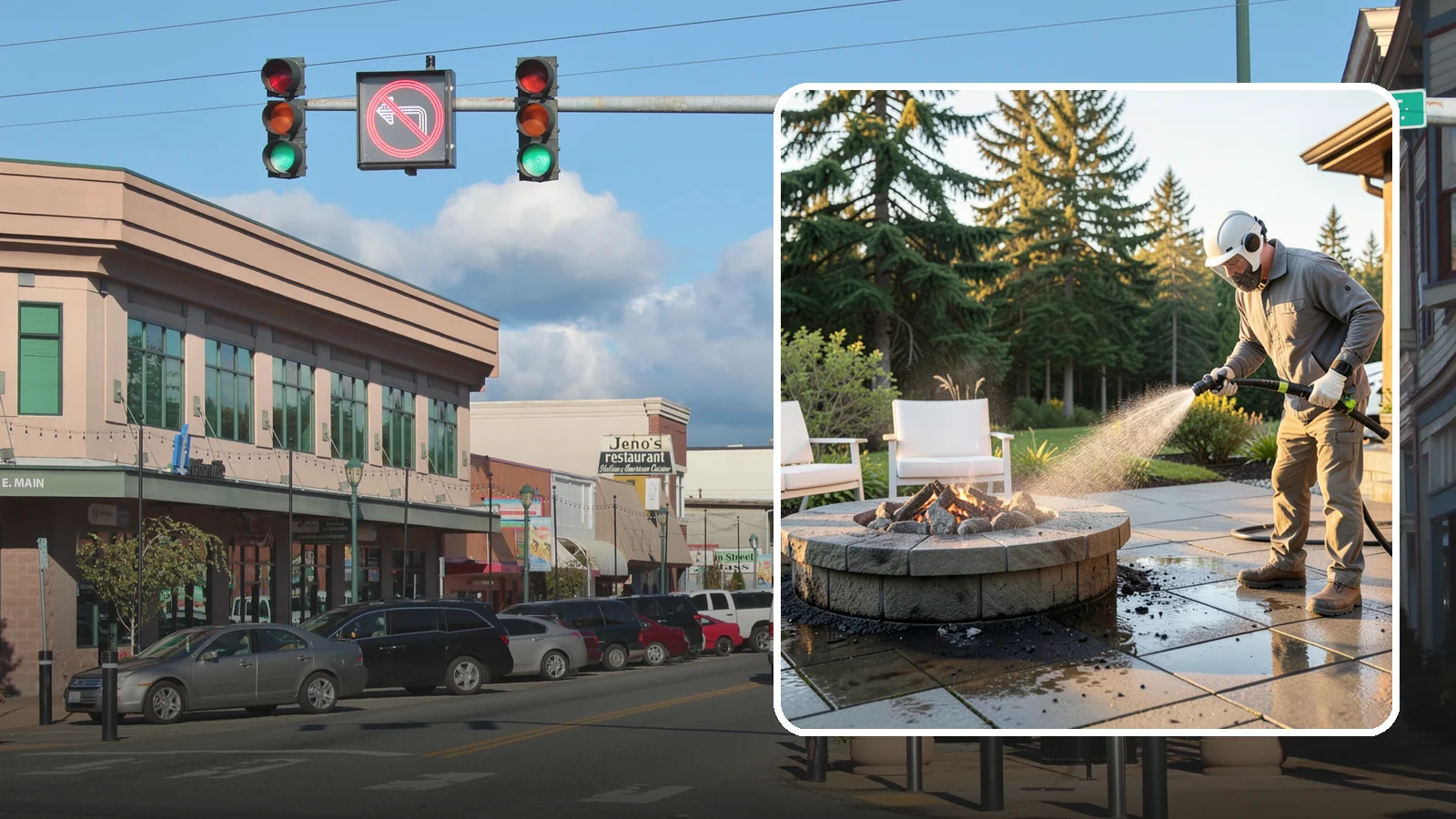Fire Pit Cleaning in Monroe, Snohomish County, WA - Clean fire pit surrounds and seating areas to remove soot, ash staining, and moss from the paved perimeter.