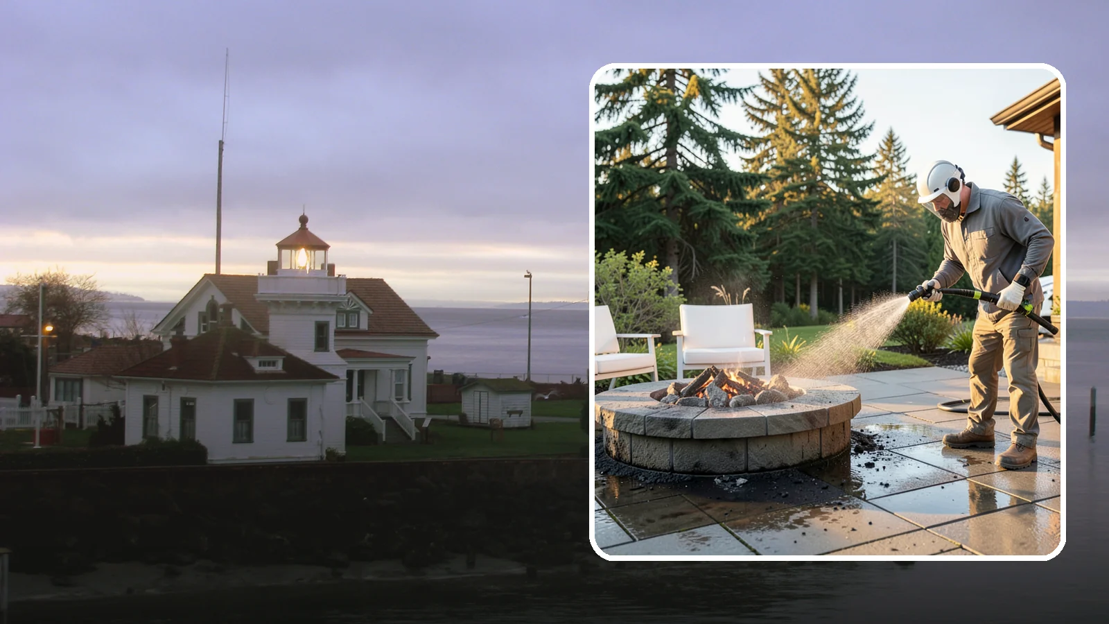 Fire Pit Cleaning in Mukilteo, Snohomish County, WA - Clean fire pit surrounds and seating areas to remove soot, ash staining, and moss from the paved perimeter.