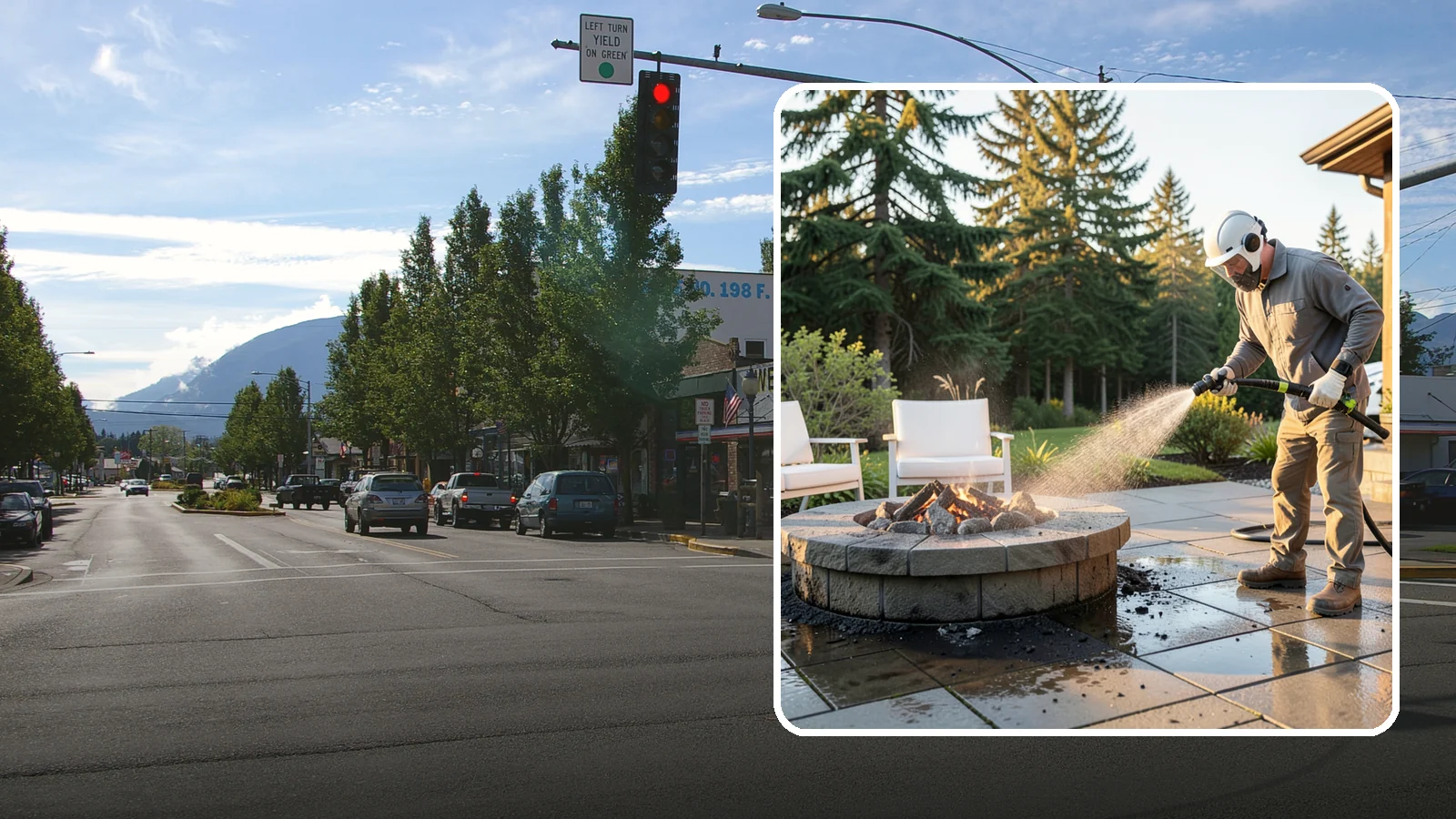Fire Pit Cleaning in North Bend, King County, WA - Clean fire pit surrounds and seating areas to remove soot, ash staining, and moss from the paved perimeter.