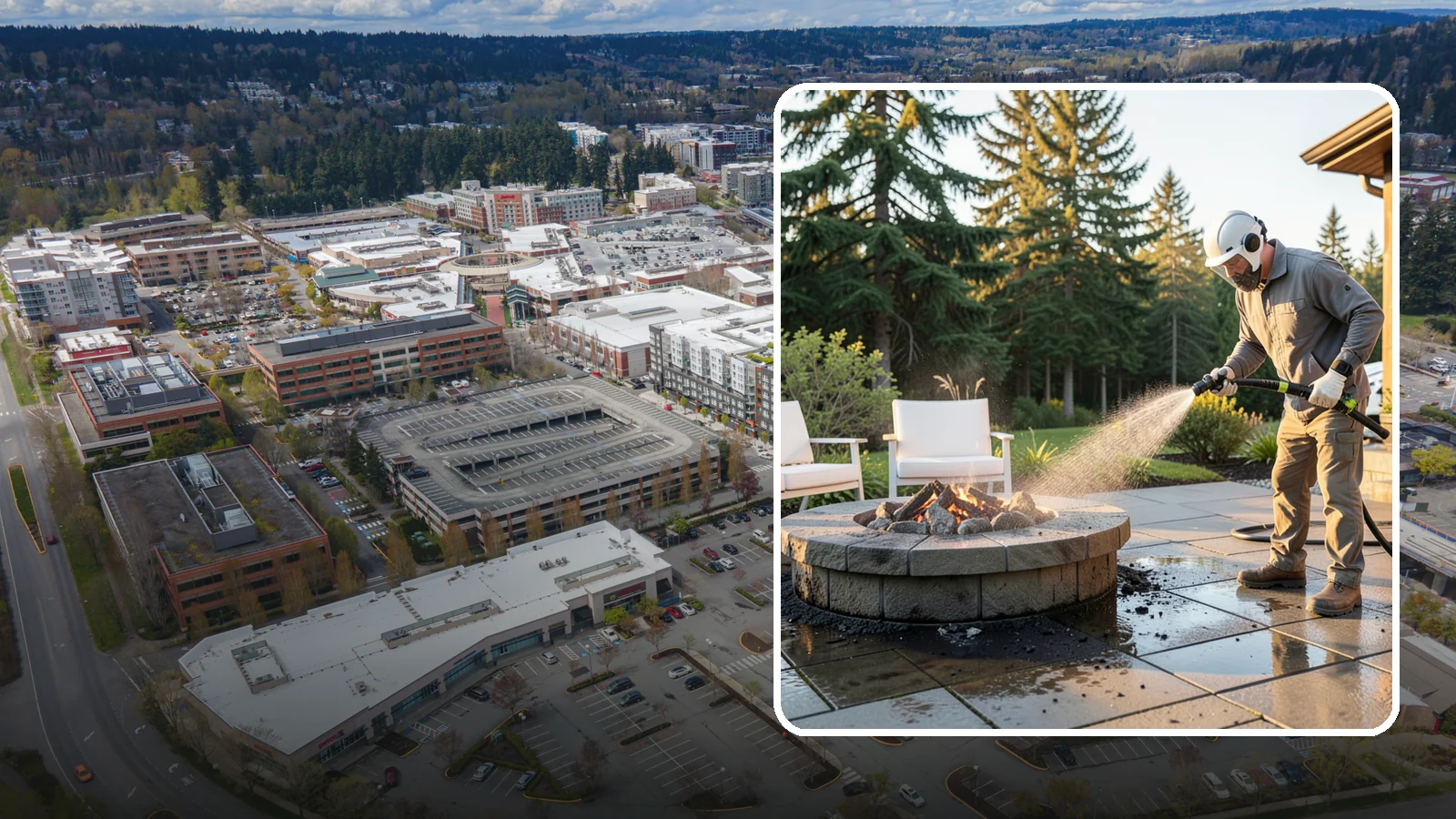 Fire Pit Cleaning in Redmond, King County, WA - Clean fire pit surrounds and seating areas to remove soot, ash staining, and moss from the paved perimeter.
