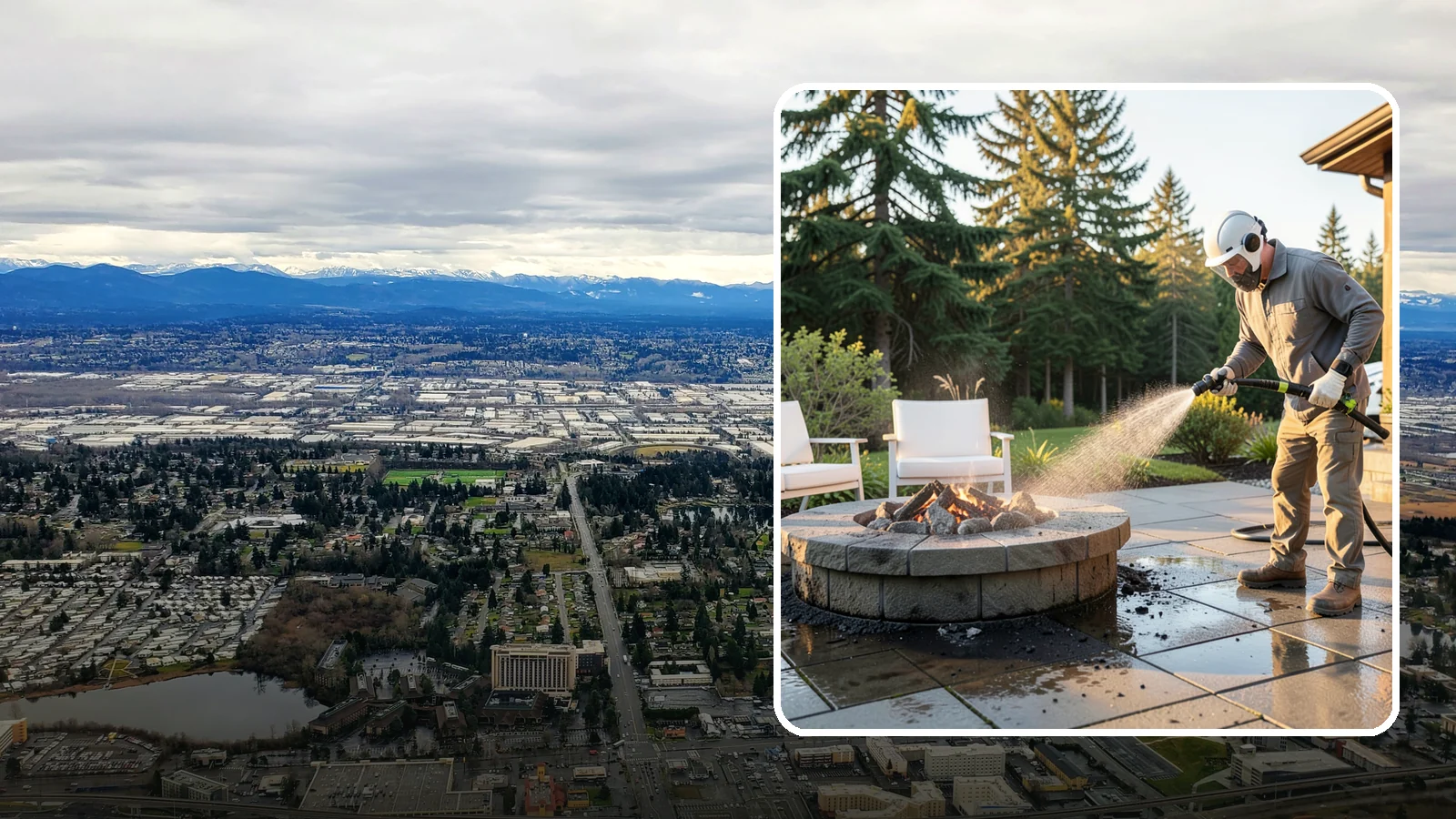 Fire Pit Cleaning in SeaTac, King County, WA - Clean fire pit surrounds and seating areas to remove soot, ash staining, and moss from the paved perimeter.