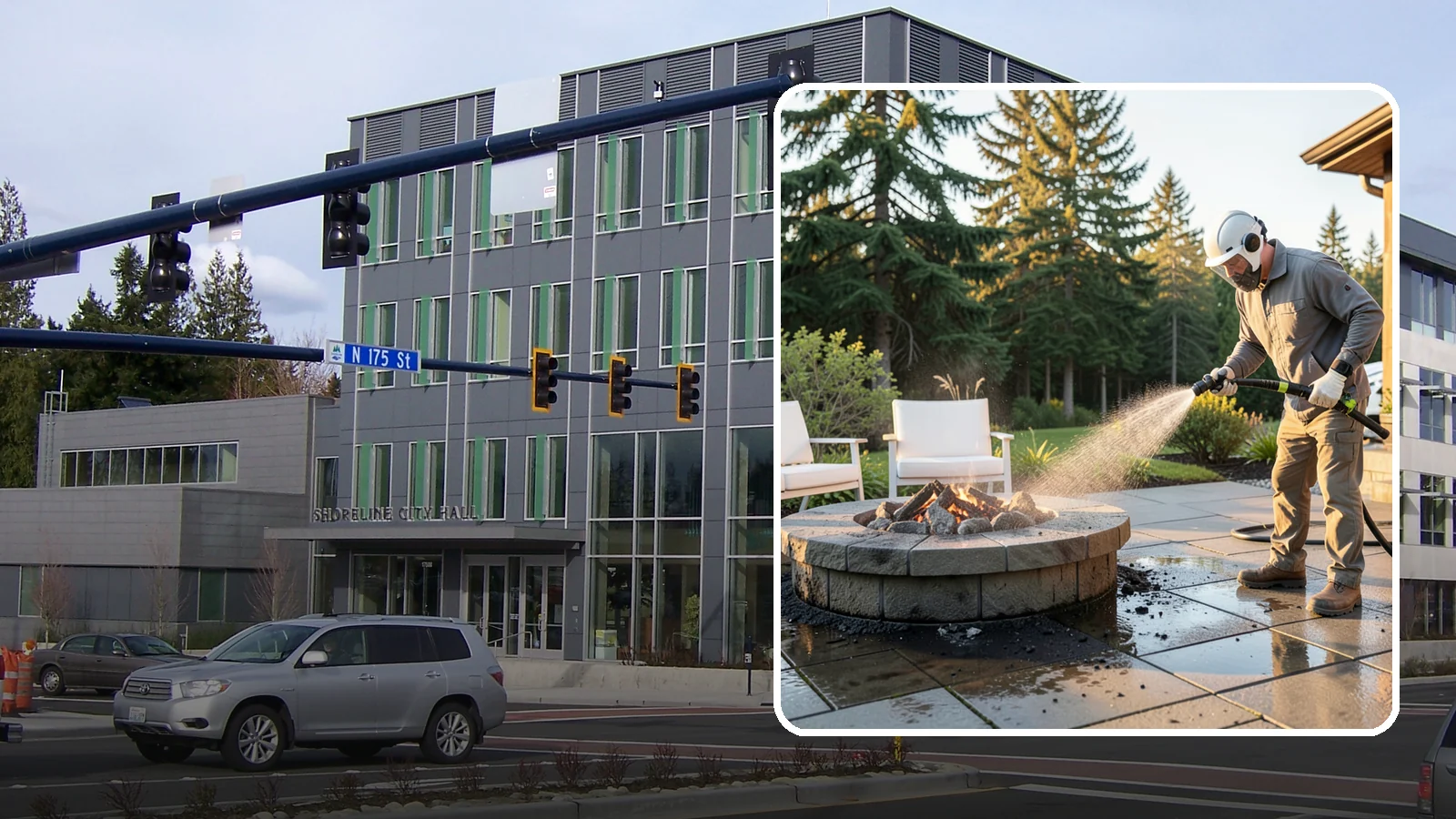 Fire Pit Cleaning in Shoreline, King County, WA - Clean fire pit surrounds and seating areas to remove soot, ash staining, and moss from the paved perimeter.
