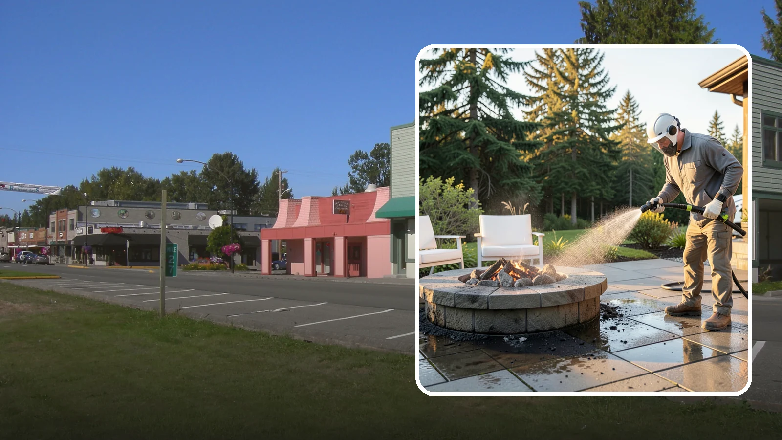Fire Pit Cleaning in Snoqualmie, King County, WA - Clean fire pit surrounds and seating areas to remove soot, ash staining, and moss from the paved perimeter.