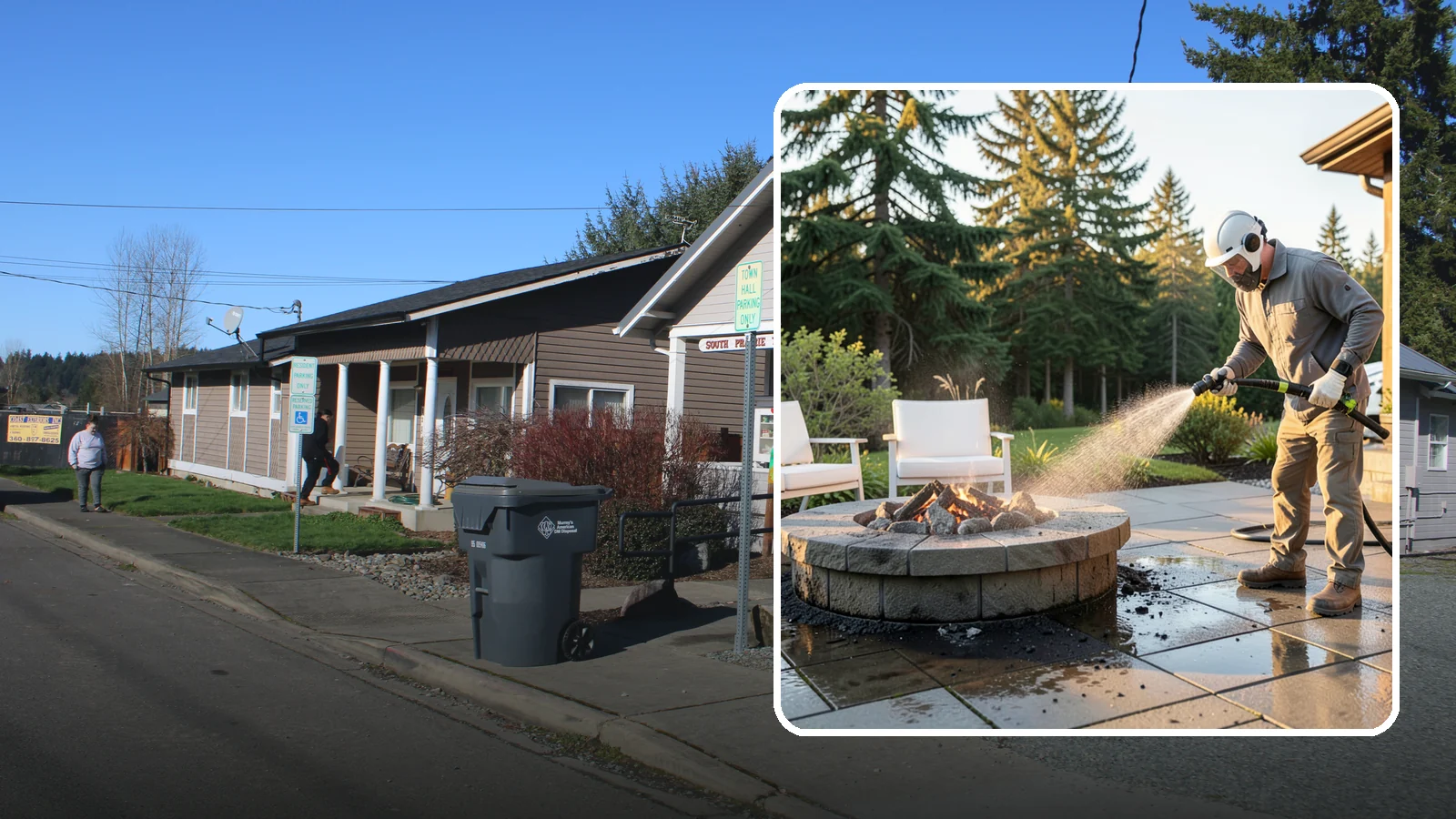 Fire Pit Cleaning in South Prairie, Pierce County, WA - Clean fire pit surrounds and seating areas to remove soot, ash staining, and moss from the paved perimeter.