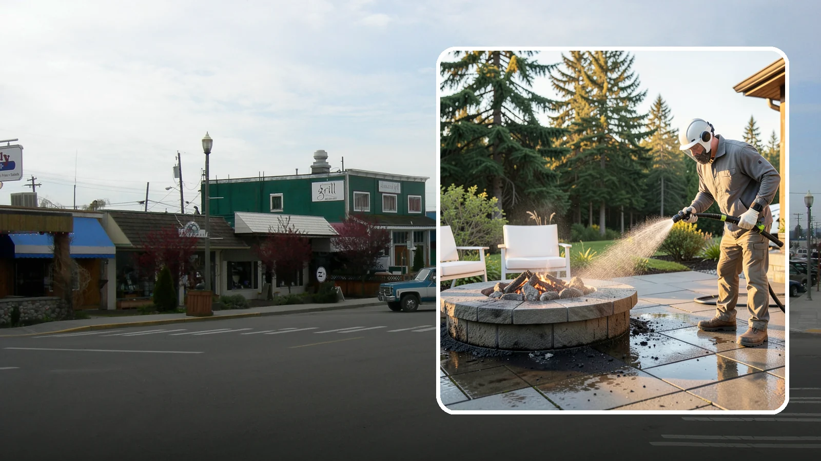 Fire Pit Cleaning in Stanwood, Snohomish County, WA - Clean fire pit surrounds and seating areas to remove soot, ash staining, and moss from the paved perimeter.