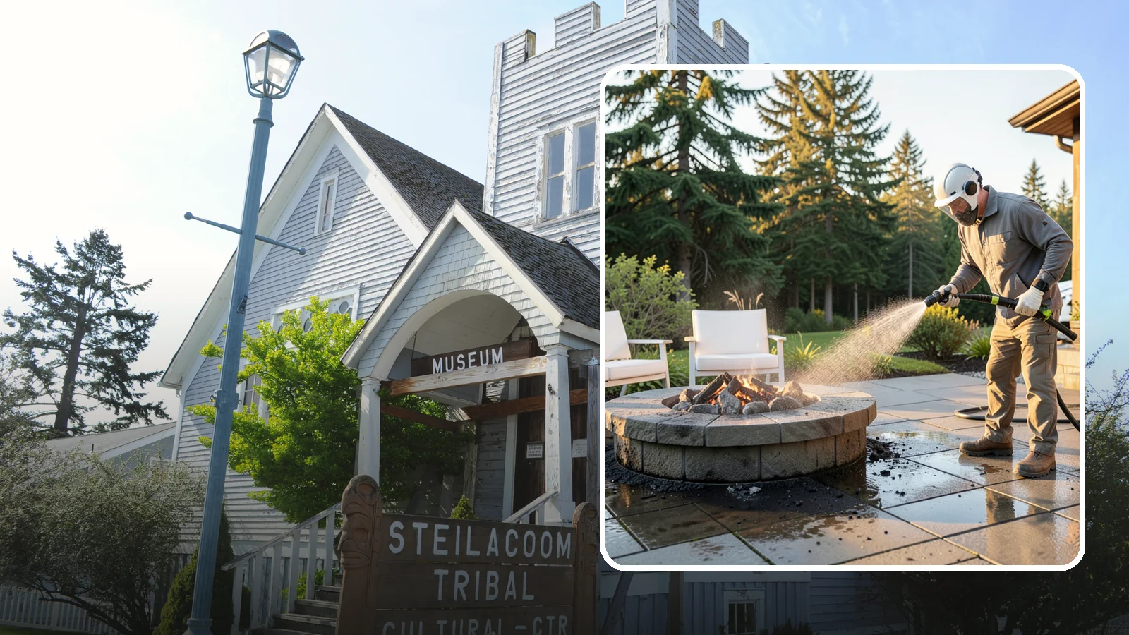 Fire Pit Cleaning in Steilacoom, Pierce County, WA - Clean fire pit surrounds and seating areas to remove soot, ash staining, and moss from the paved perimeter.