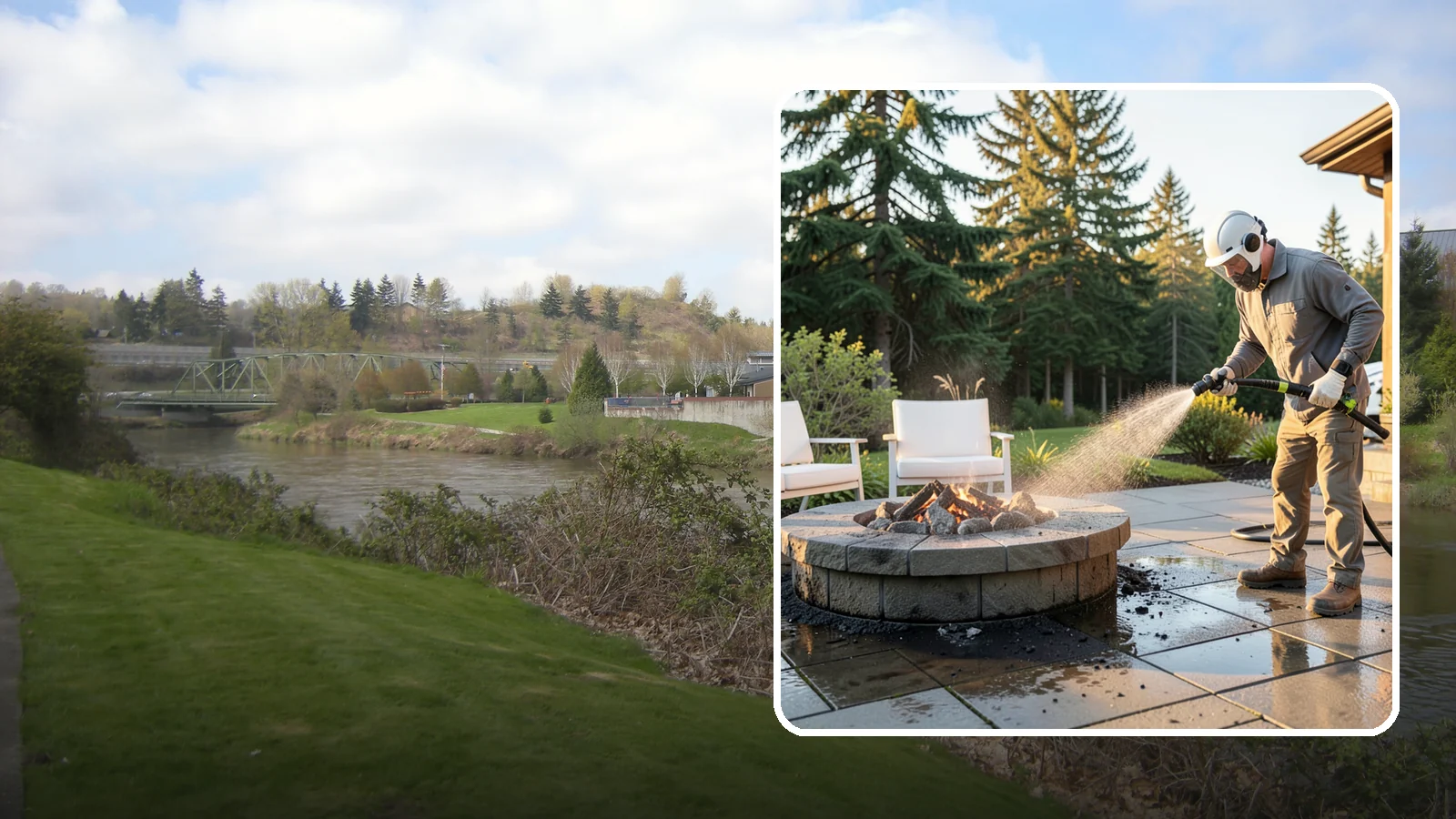 Fire Pit Cleaning in Tukwila, King County, WA - Clean fire pit surrounds and seating areas to remove soot, ash staining, and moss from the paved perimeter.